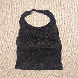 Y2K Vintage Wet Seal Halter Top Medium Black Satin Rosette Smocked Goth Vamp